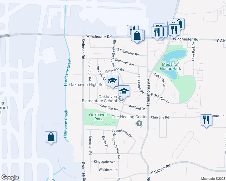 map of restaurants, bars, coffee shops, grocery stores, and more near 3125 Ladbrook Road in Memphis