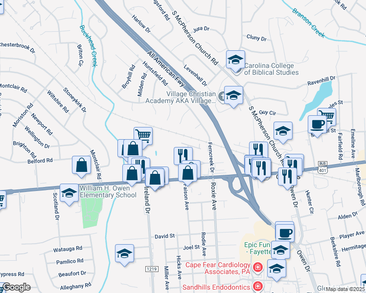 map of restaurants, bars, coffee shops, grocery stores, and more near 1871 Jennifer Lane in Fayetteville