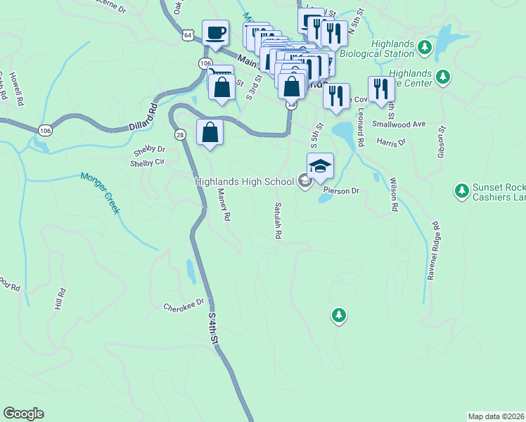 map of restaurants, bars, coffee shops, grocery stores, and more near 267 Satulah Ridge Road in Highlands