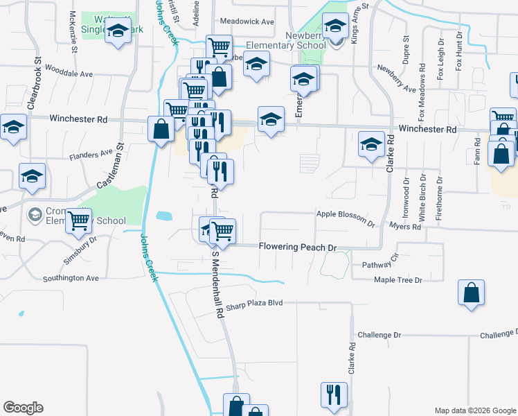 map of restaurants, bars, coffee shops, grocery stores, and more near 5418 Apple Blossom Drive in Memphis