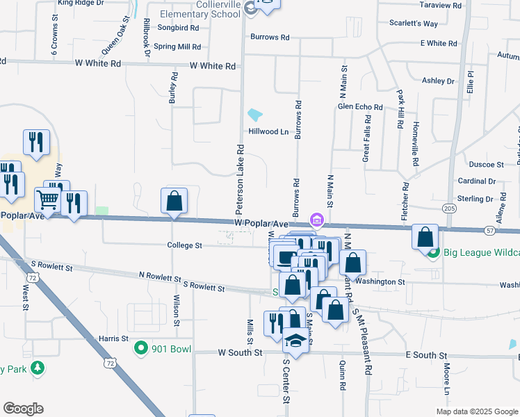 map of restaurants, bars, coffee shops, grocery stores, and more near 156 West Poplar Avenue in Collierville