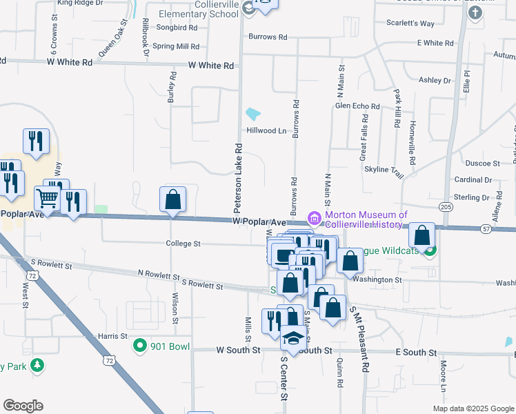 map of restaurants, bars, coffee shops, grocery stores, and more near 156 West Poplar Avenue in Collierville