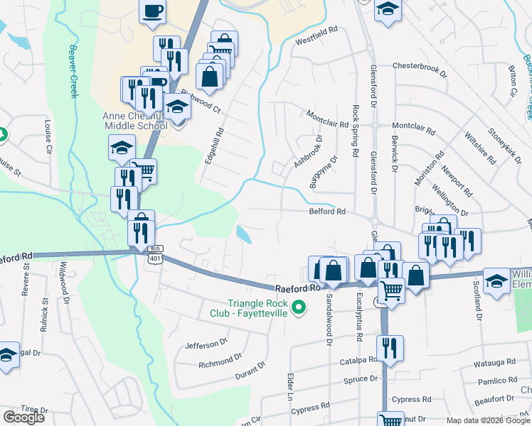map of restaurants, bars, coffee shops, grocery stores, and more near 4803 Belford Road in Fayetteville