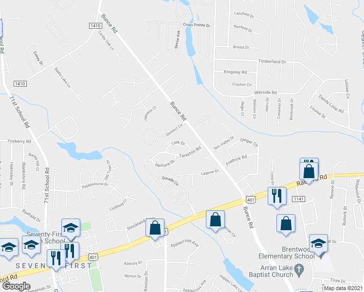 map of restaurants, bars, coffee shops, grocery stores, and more near 944 Lark Drive in Fayetteville