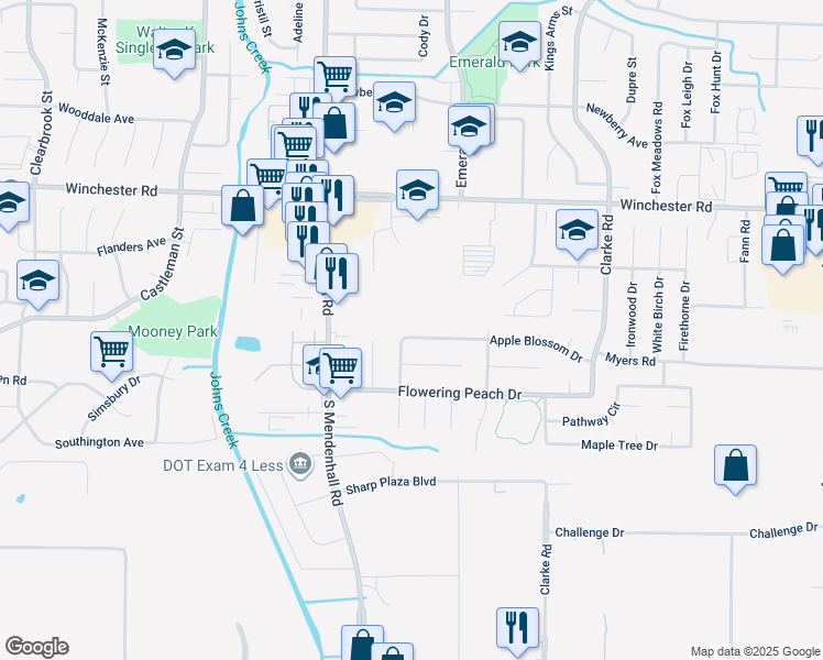 map of restaurants, bars, coffee shops, grocery stores, and more near 5422 Apple Blossom Drive in Memphis