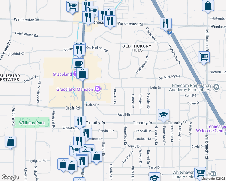 map of restaurants, bars, coffee shops, grocery stores, and more near 3759 Charles Drive in Memphis