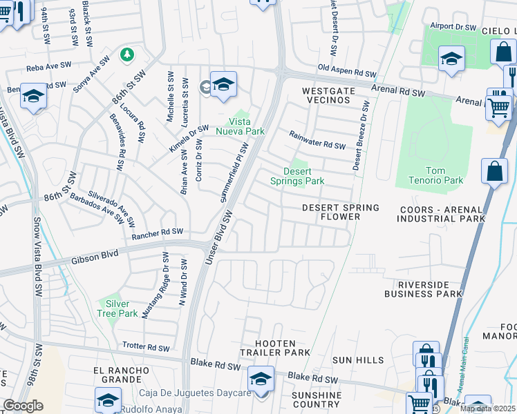 map of restaurants, bars, coffee shops, grocery stores, and more near 7912 Saltbrush Road Southwest in Albuquerque