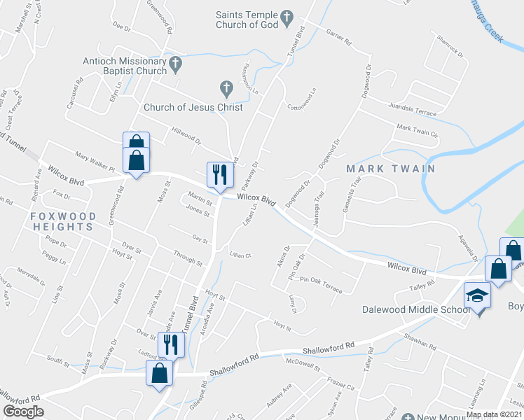 map of restaurants, bars, coffee shops, grocery stores, and more near 3606 Wilcox Boulevard in Chattanooga