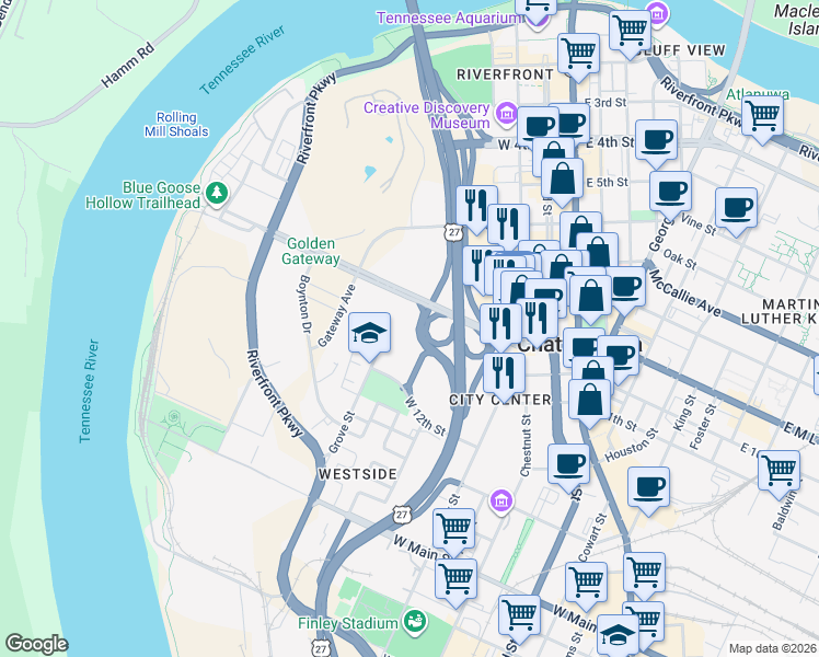 map of restaurants, bars, coffee shops, grocery stores, and more near in Chattanooga