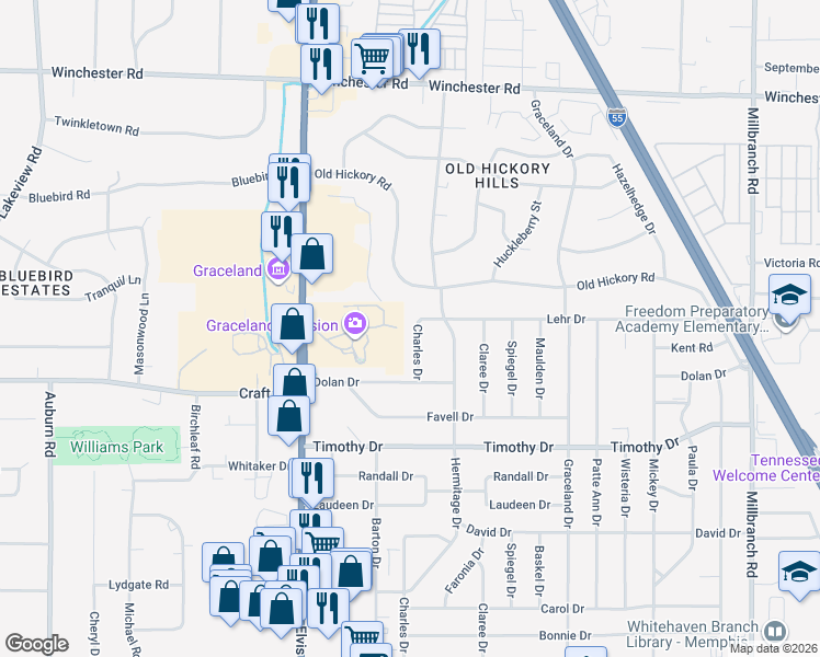 map of restaurants, bars, coffee shops, grocery stores, and more near 3759 Charles Drive in Memphis