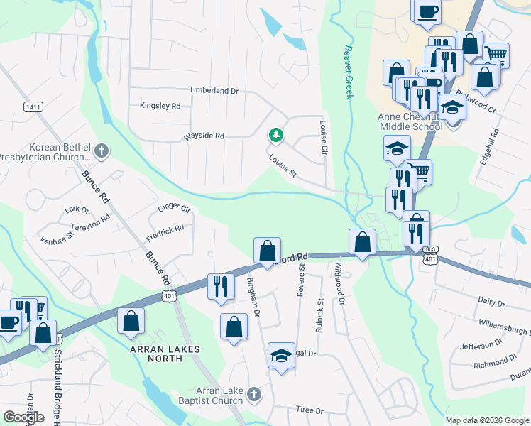 map of restaurants, bars, coffee shops, grocery stores, and more near 6304 Raeford Road in Fayetteville
