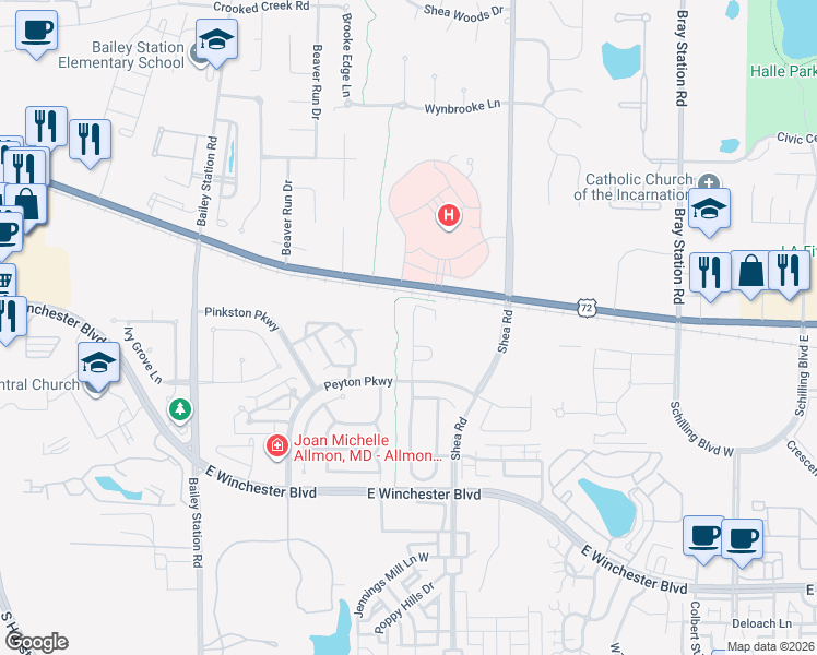 map of restaurants, bars, coffee shops, grocery stores, and more near 61 Peyton Ridge Drive in Collierville