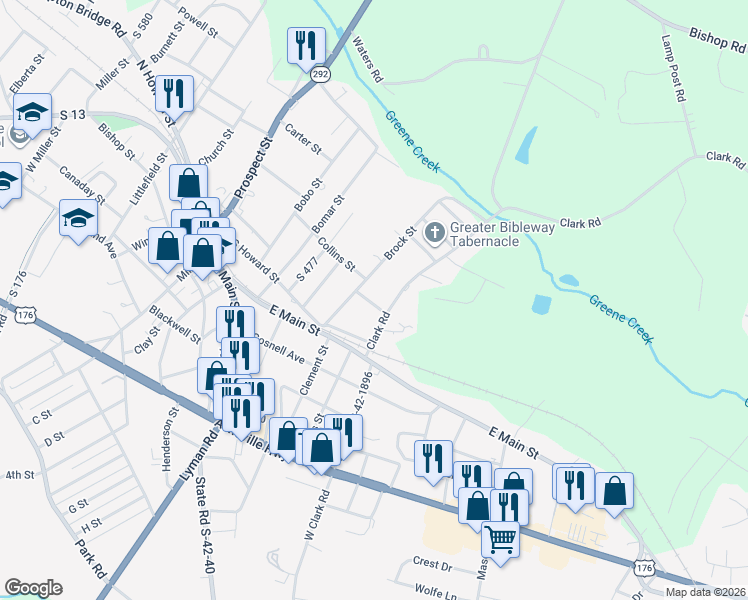 map of restaurants, bars, coffee shops, grocery stores, and more near 9 Pine Lane in Inman