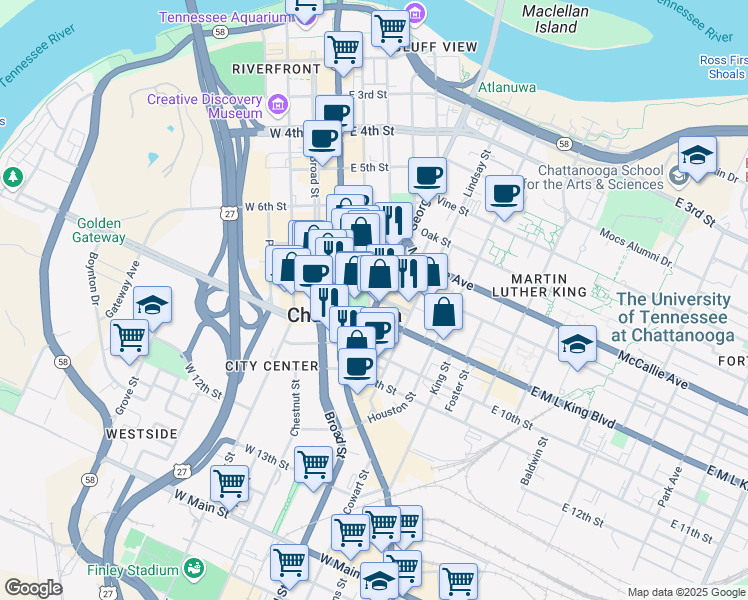map of restaurants, bars, coffee shops, grocery stores, and more near 832 Georgia Avenue in Chattanooga