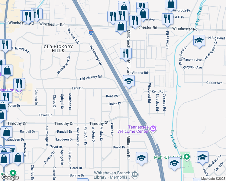 map of restaurants, bars, coffee shops, grocery stores, and more near 1625 Lehr Drive in Memphis