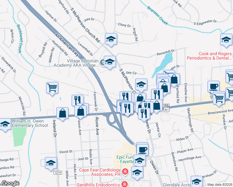 map of restaurants, bars, coffee shops, grocery stores, and more near 3410 Lainey Lane in Fayetteville