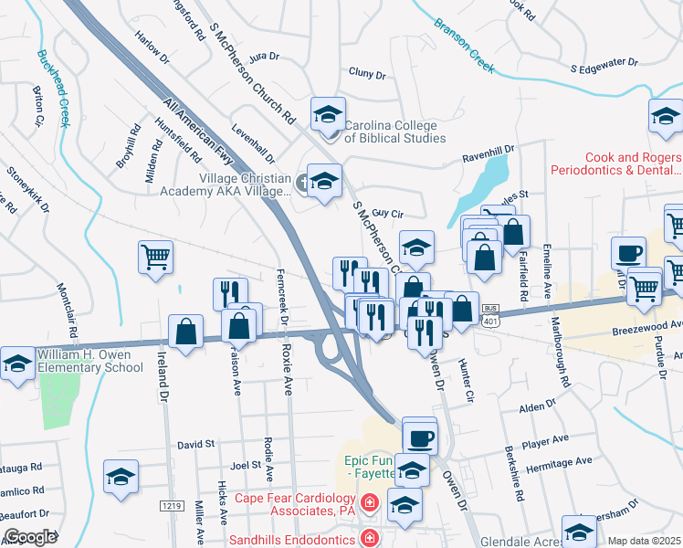 map of restaurants, bars, coffee shops, grocery stores, and more near 3420 Lainey Lane in Fayetteville