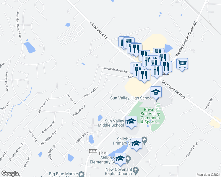map of restaurants, bars, coffee shops, grocery stores, and more near 3003 Council Fire Circle in Indian Trail