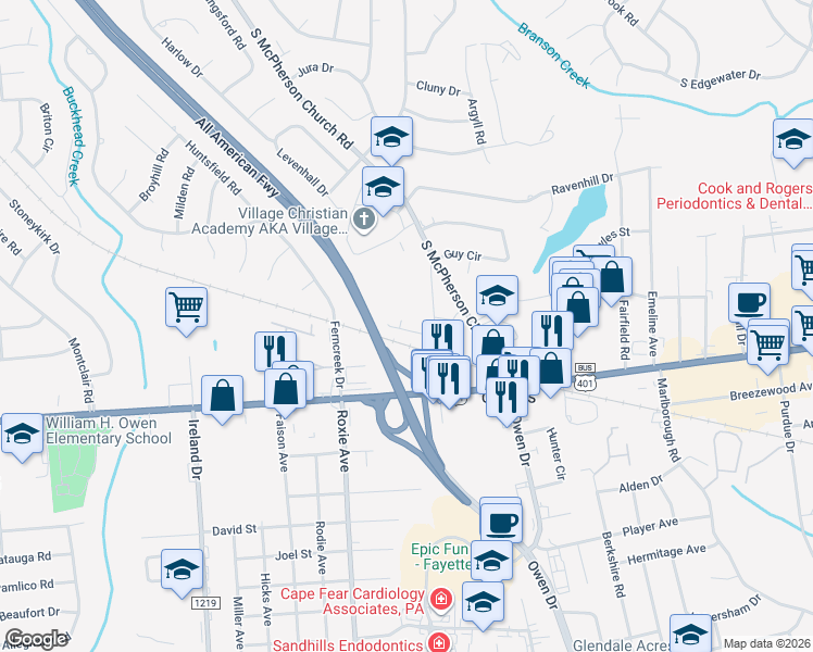 map of restaurants, bars, coffee shops, grocery stores, and more near 3420 Lainey Lane in Fayetteville