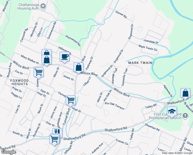 map of restaurants, bars, coffee shops, grocery stores, and more near 3606 Wilcox Boulevard in Chattanooga