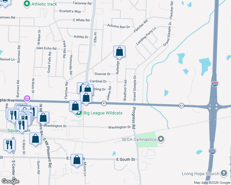 map of restaurants, bars, coffee shops, grocery stores, and more near 243 Bradford Ridge Cove in Collierville