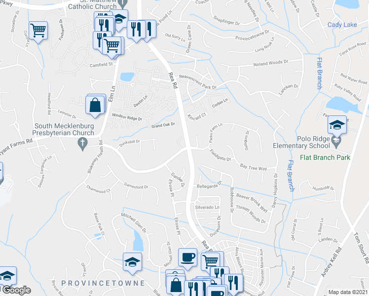 map of restaurants, bars, coffee shops, grocery stores, and more near 12061 Parks Farm Lane in Charlotte