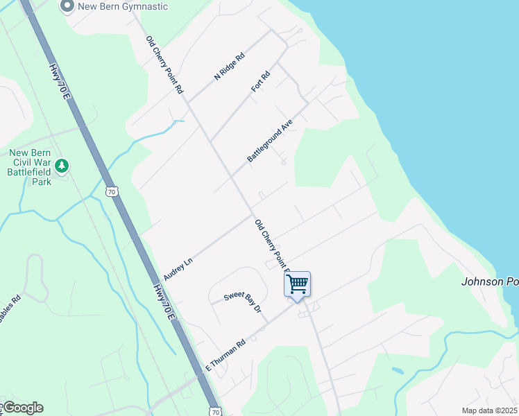 map of restaurants, bars, coffee shops, grocery stores, and more near 404 Audrey Lane in New Bern