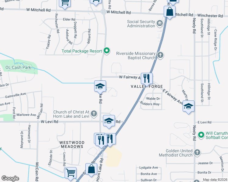 map of restaurants, bars, coffee shops, grocery stores, and more near 3746 New Horn Lake Road in Memphis