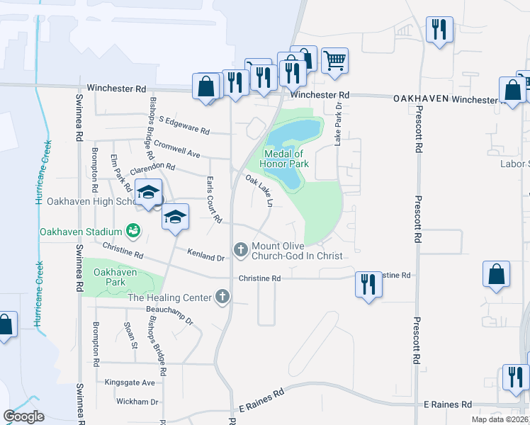 map of restaurants, bars, coffee shops, grocery stores, and more near 3744 Oak Lake Lane in Memphis