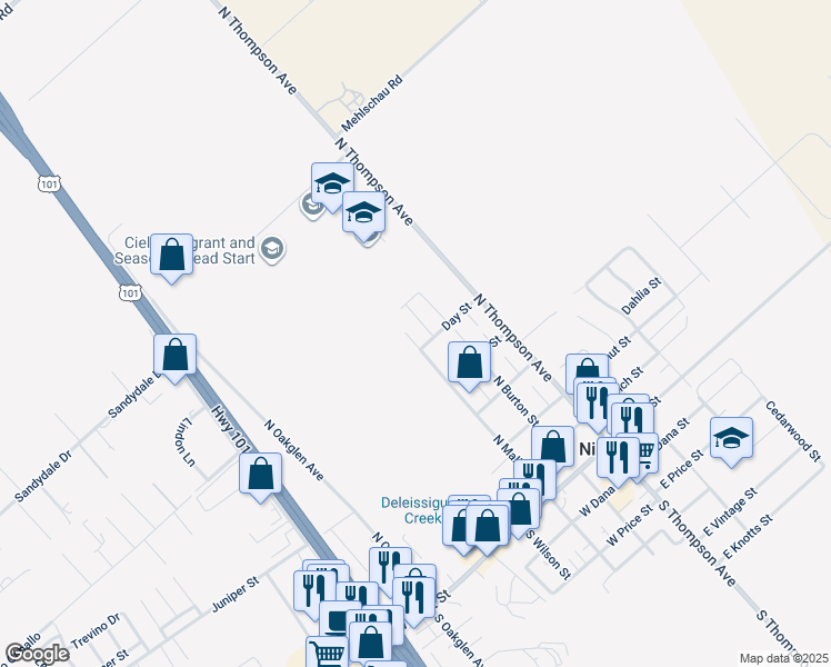 map of restaurants, bars, coffee shops, grocery stores, and more near 412 North Mallagh Street in Nipomo