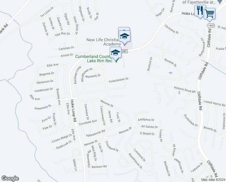 map of restaurants, bars, coffee shops, grocery stores, and more near 5736 Scarecrow Court in Fayetteville