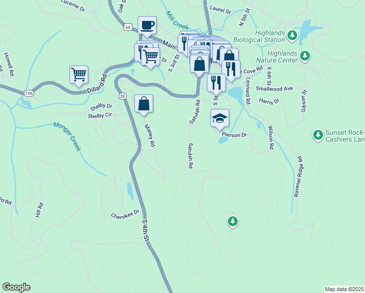 map of restaurants, bars, coffee shops, grocery stores, and more near 267 Satulah Ridge Road in Highlands