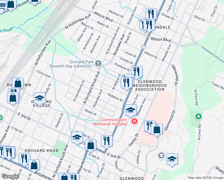 map of restaurants, bars, coffee shops, grocery stores, and more near 2101 Robbins Street in Chattanooga