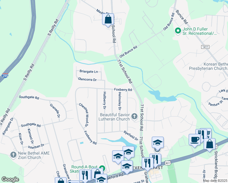 map of restaurants, bars, coffee shops, grocery stores, and more near 1127 Derbyshire Road in Fayetteville
