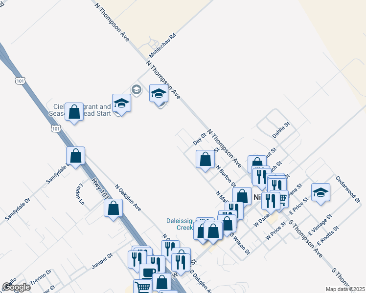 map of restaurants, bars, coffee shops, grocery stores, and more near 412 North Mallagh Street in Nipomo