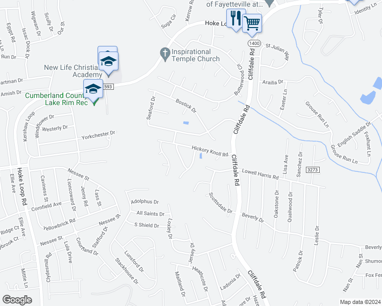 map of restaurants, bars, coffee shops, grocery stores, and more near 1808 Shady Knoll Lane in Fayetteville