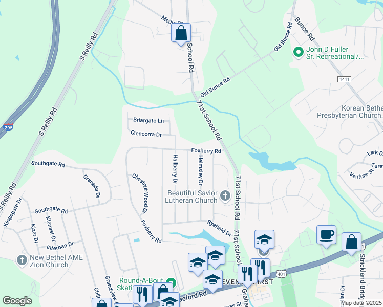 map of restaurants, bars, coffee shops, grocery stores, and more near 1127 Derbyshire Road in Fayetteville