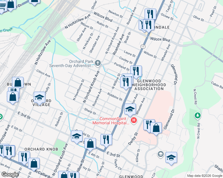 map of restaurants, bars, coffee shops, grocery stores, and more near 2101 Robbins Street in Chattanooga