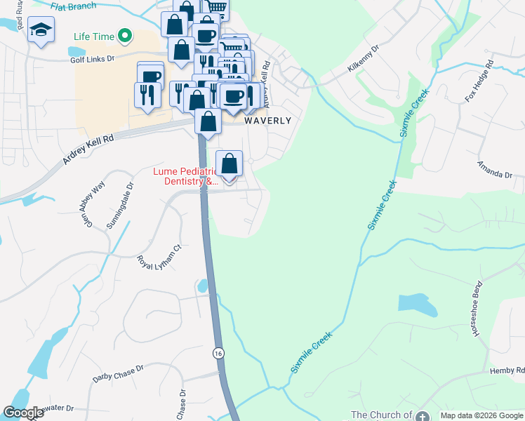 map of restaurants, bars, coffee shops, grocery stores, and more near 7917 Waverly Walk Avenue in Charlotte