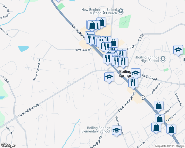 map of restaurants, bars, coffee shops, grocery stores, and more near 126 Schoolyard Road in Boiling Springs