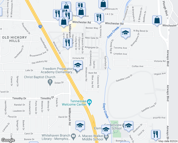 map of restaurants, bars, coffee shops, grocery stores, and more near 1796 Kent Road in Memphis