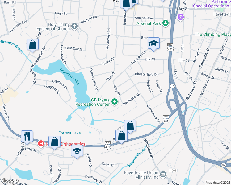 map of restaurants, bars, coffee shops, grocery stores, and more near 811 Isley Street in Fayetteville