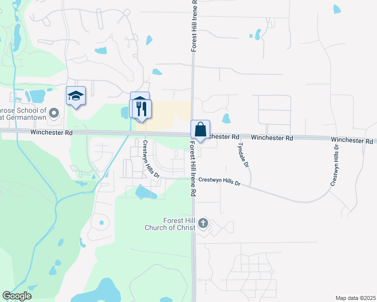 map of restaurants, bars, coffee shops, grocery stores, and more near 3735 Forest Hill Irene Road in Memphis