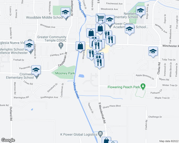 map of restaurants, bars, coffee shops, grocery stores, and more near 3736 Cambridge Station Drive in Memphis