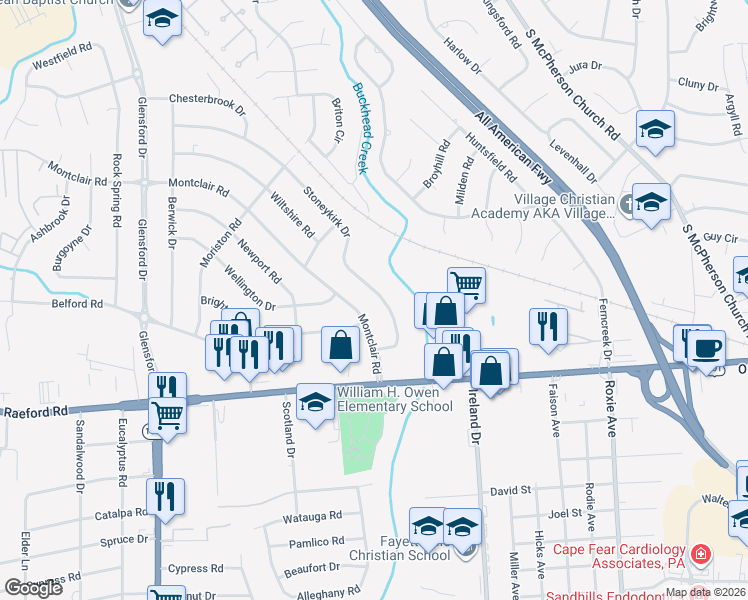 map of restaurants, bars, coffee shops, grocery stores, and more near 868 Stoneykirk Drive in Fayetteville