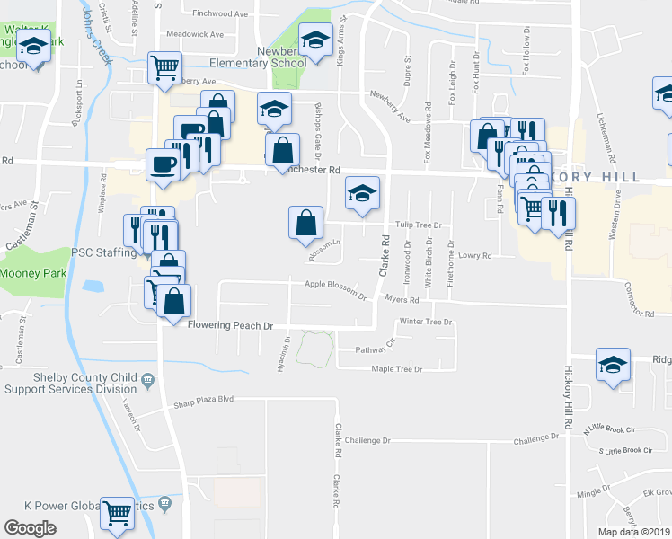 map of restaurants, bars, coffee shops, grocery stores, and more near 5592 Apple Blossom Drive in Memphis