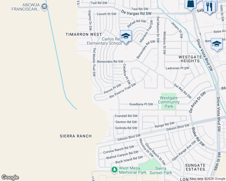 map of restaurants, bars, coffee shops, grocery stores, and more near 10905 Rio Puerco Trail Southwest in Albuquerque