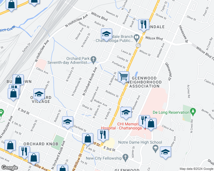 map of restaurants, bars, coffee shops, grocery stores, and more near 2101 Robbins Street in Chattanooga