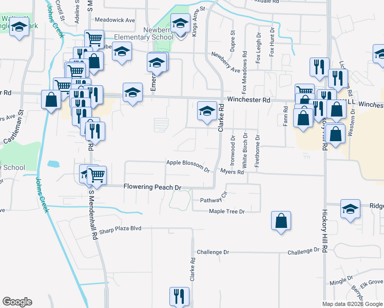 map of restaurants, bars, coffee shops, grocery stores, and more near 5592 Apple Blossom Drive in Memphis