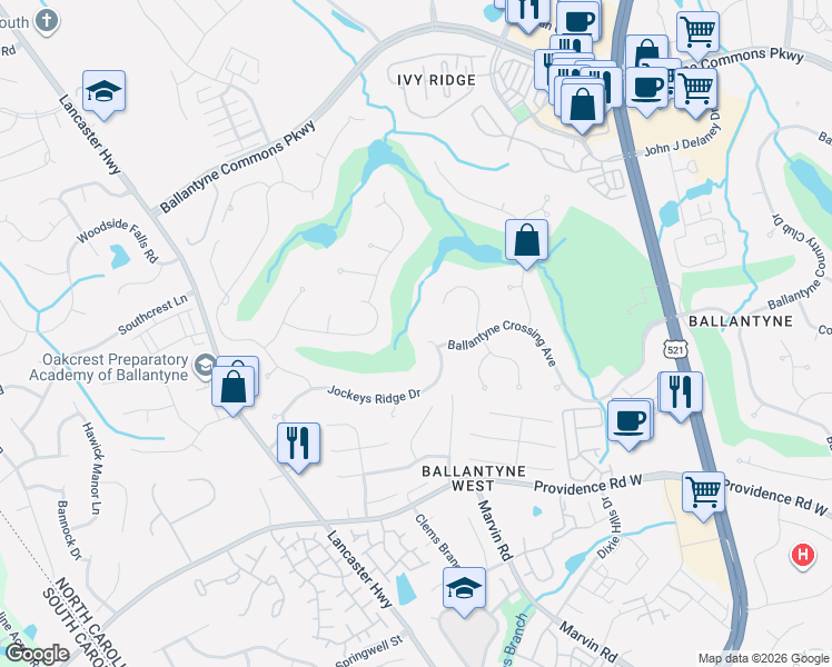 map of restaurants, bars, coffee shops, grocery stores, and more near 14628 Jockeys Ridge Drive in Charlotte